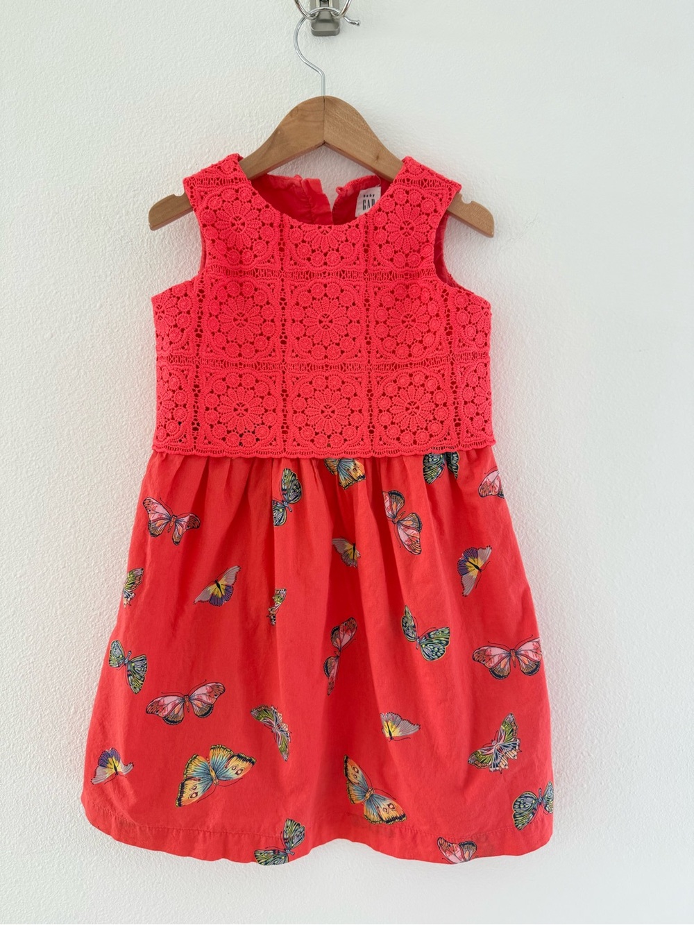 GAP Coral Red Crochet Bodice Butterfly Print Dress